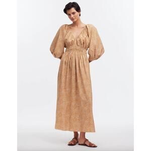 Madewell V Neck Balloon Sleeve Maxi Dress Spiral Dot Tan Smocked Boho US 00 NWT
